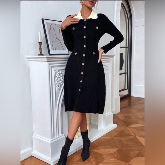 New Black Contrast Peter Pan Collar Elegant Knit Midi Dress Size Large 🔥✨ - Picture 4 of 4